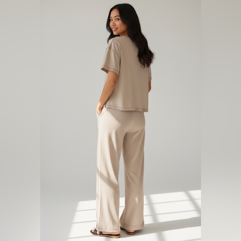 Zenana Ash Mocha Relaxed Slub Short Sleeve Top and Pants Set - Picture 2 of 3